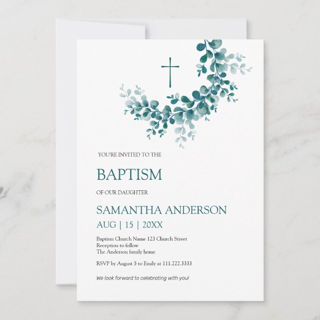 Invitación Baptismo Christening Eucalyptus Greenereneration M (Anverso)