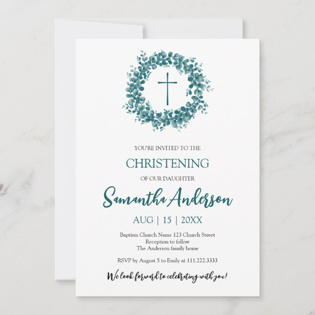 Invitación Baptismo Christening Eucalyptus Greenereneration m (Anverso)