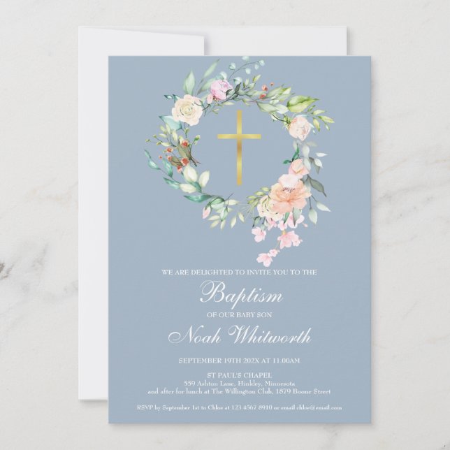 Invitación Baptismo Christening Floral Garland Dusty Blue (Anverso)