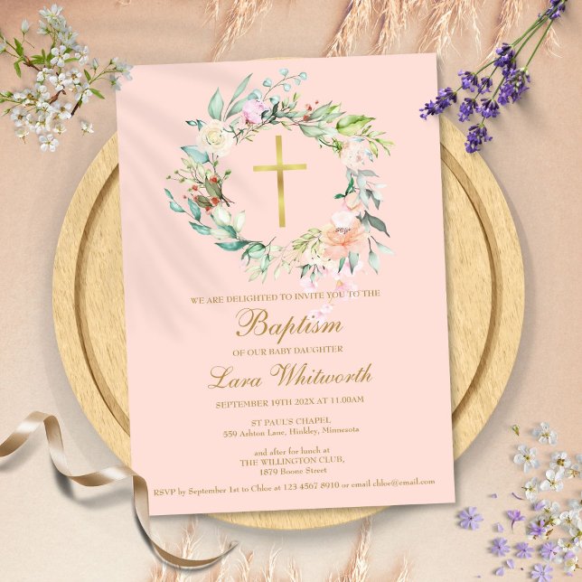 Invitación Baptismo Christening Floral Garland Rubor Pink (Baptism Christening Floral Garland Blush Pink Invitation)