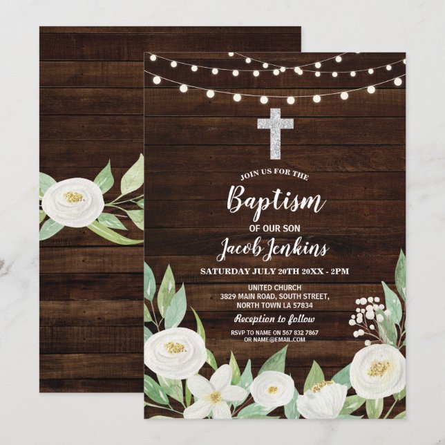 Invitación Baptismo Christening Flores Blancas Madera Rústica (Anverso / Reverso)