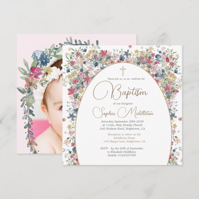Invitación Baptismo Christening Flowers Personal Photo Field (Anverso / Reverso)