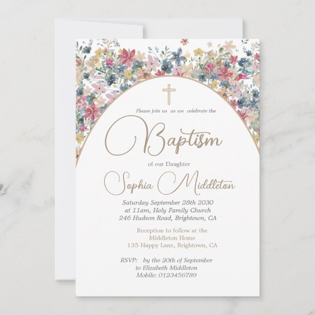 Invitación Baptismo Christening Foto Floral Rosa Religiosa (Anverso)