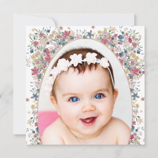 Invitación Baptismo Christening Foto Flores de campo modernas (Reverso)