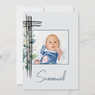 Invitación Baptismo Christening Foto Hombre Azul Moderno