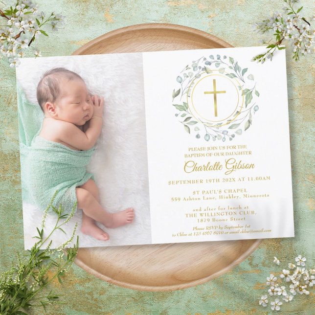 Invitación Baptismo Christening Garland Gold Cross Photo (Subido por el creador)
