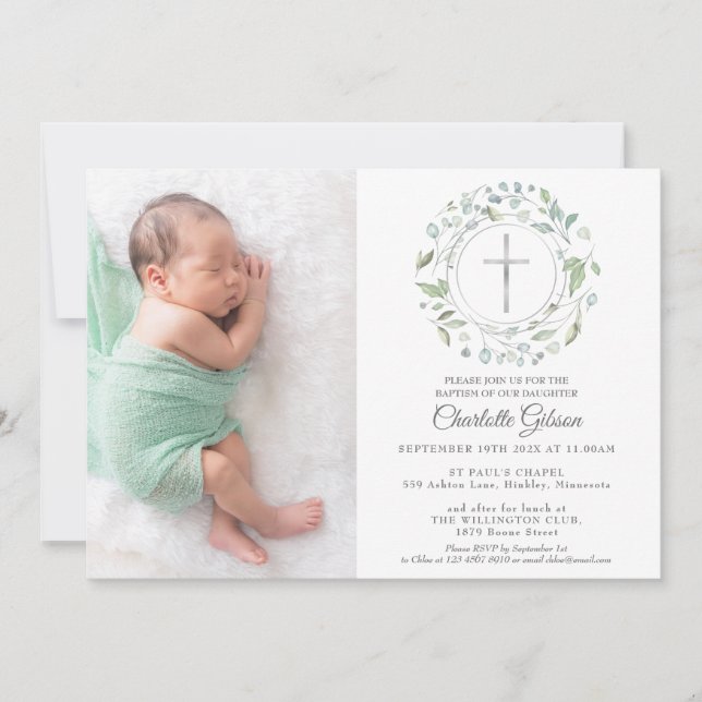 Invitación Baptismo Christening Garland Silver Cross Photo (Anverso)