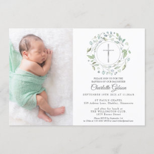 Invitación Baptismo Christening Garland Silver Cross Photo