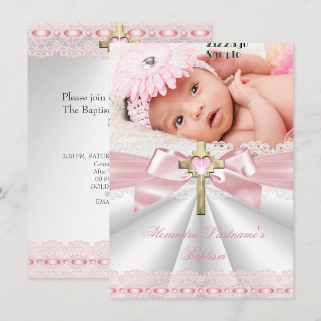 Invitación Baptismo Christening Gold Cross Chicas Pink (Anverso / Reverso)