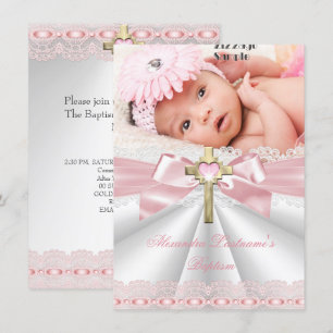 Invitación Baptismo Christening Gold Cross Chicas Pink