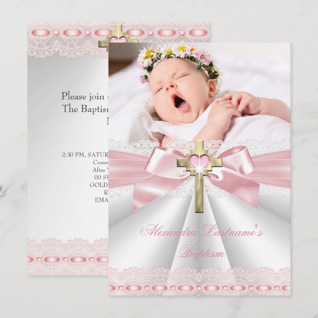 Invitación Baptismo Christening Gold Cross Chicas Pink 2 (Anverso / Reverso)