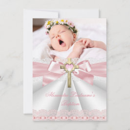 Invitación Baptismo Christening Gold Cross Chicas Pink 2