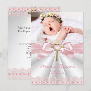 Invitación Baptismo Christening Gold Cross Chicas Pink 2