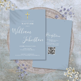 Invitación Baptismo Christening Gold Cross Dusty Blue QR Code