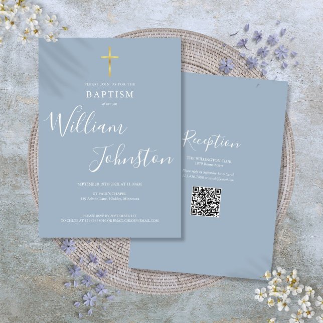 Invitación Baptismo Christening Gold Cross Dusty Blue QR Code (Baptism Christening Gold Cross Dusty Blue QR Code Invitation)