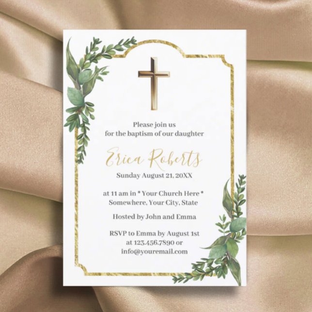 Invitación Baptismo Christening Gold Cross Elegante Botánico (Subido por el creador)