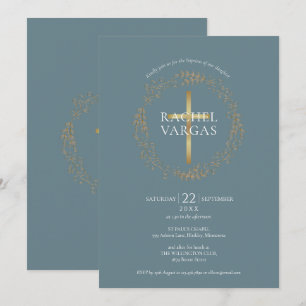 Invitación Baptismo Christening Gold Cross Floral