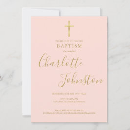 Invitación Baptismo Christening Gold Cross Rubor Pink QR Code