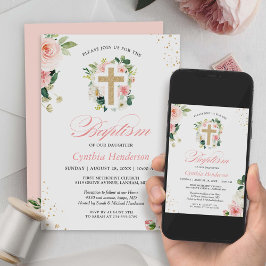 Invitación Baptismo Christening Gold Rubor Cruz rosa Floral