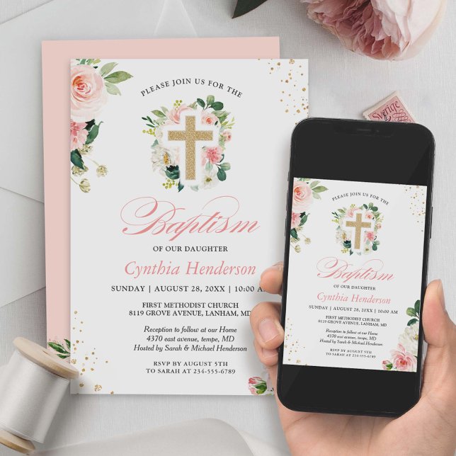 Invitación Baptismo Christening Gold Rubor Cruz rosa Floral (Subido por el creador)