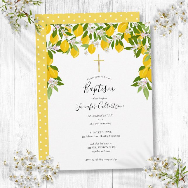 Invitación Baptismo Christening Lemons Floral Elegante Modern (Baptism Christening Lemons Floral Elegant Modern Invitation)
