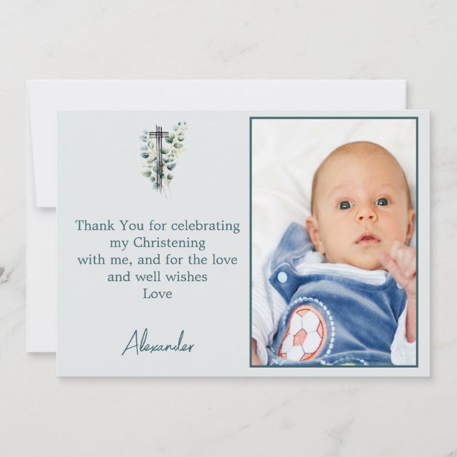 Invitación Baptismo Christening Moderno Boy Gracias Foto (Anverso)