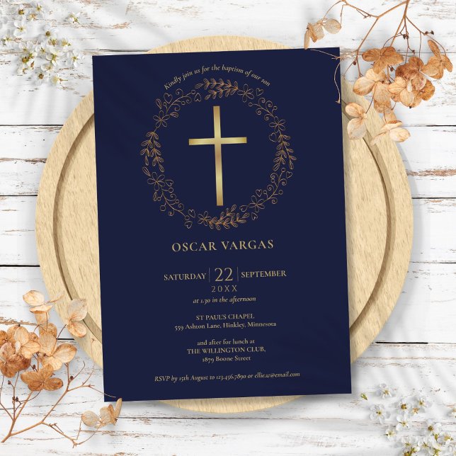 Invitación Baptismo Christening Navy Blue Gold Cross Floral (Baptism Christening Navy Blue Gold Cross Floral Invitation)