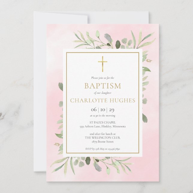 Invitación Baptismo Christening Pink Watercolor Greeneration (Anverso)