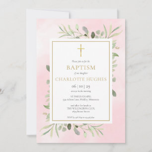 Invitación Baptismo Christening Pink Watercolor Greeneration