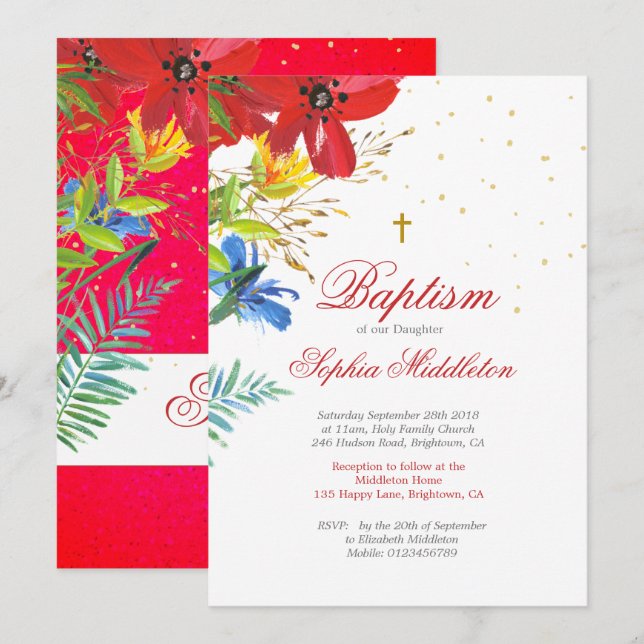 Invitación Baptismo Christening Red Wild Flores Religiosas (Anverso / Reverso)