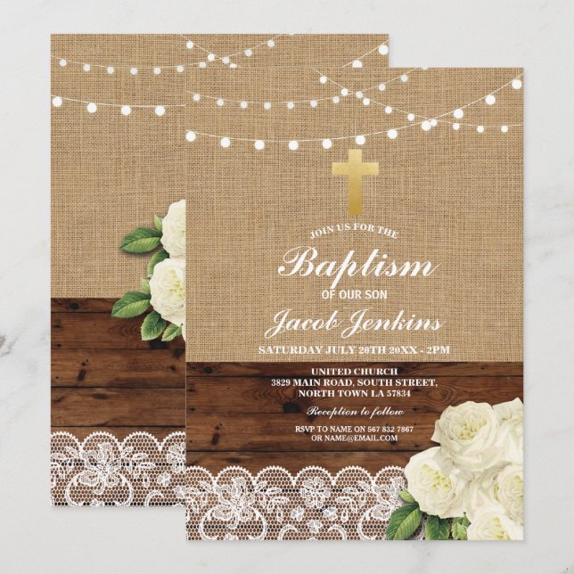 Invitación Baptismo Christening Rosa Burlap Wood Lace (Anverso / Reverso)