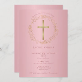 Invitación Baptismo Christening Rosa Gold Cross Floral