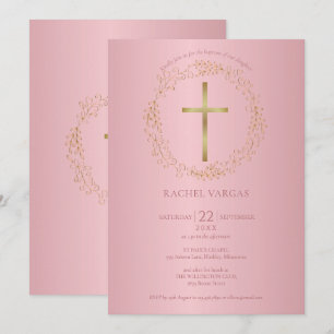 Invitación Baptismo Christening Rosa Gold Cross Floral