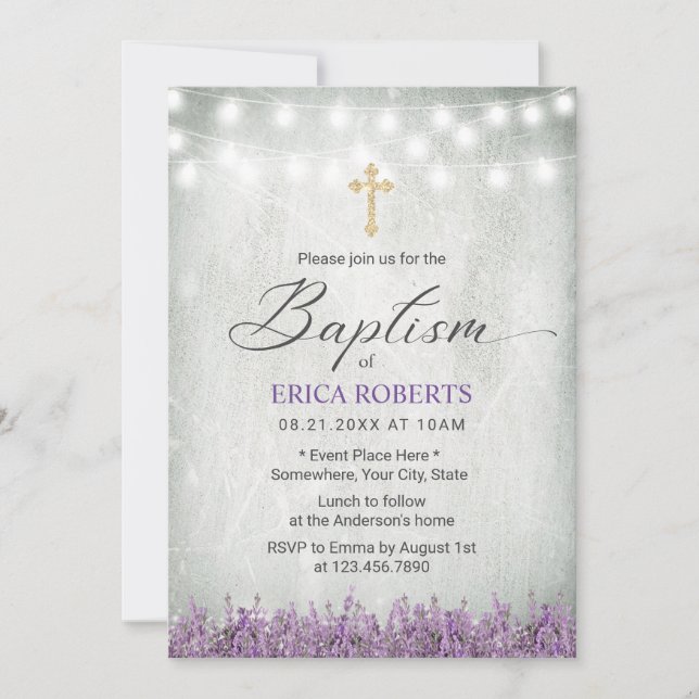 Invitación Baptismo Christening Rustic Lavender Floral (Anverso)