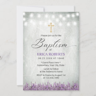 Invitación Baptismo Christening Rustic Lavender Floral