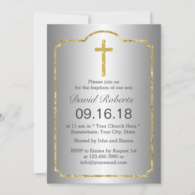 Invitación Baptismo Christening Santísimo Cruz Dorado Enmarca (Anverso)