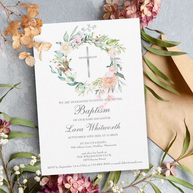 Invitación Baptismo Christening Silver Cross Floral Garland (Subido por el creador)