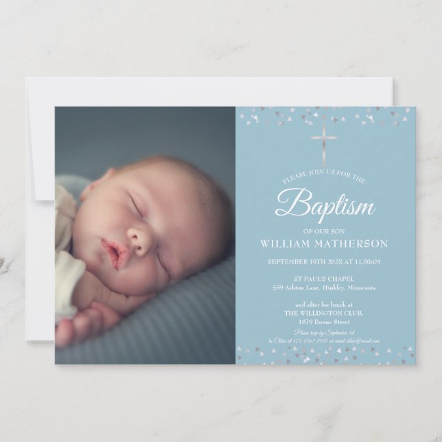 Invitación Baptismo, Christening Silver Hearts Photo (Anverso)