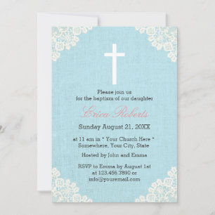 Invitación Baptismo Christening Vintage Lace Elegante Lino
