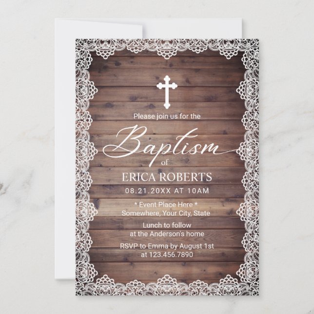 Invitación Baptismo Christening Vintage Lace Rustic Wooh (Anverso)
