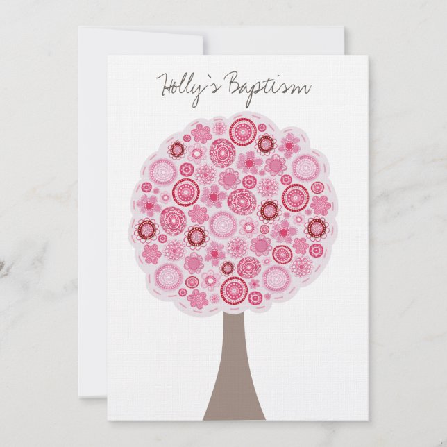 Invitación Baptismo Christening White Pink Cherry Blossom Tre (Anverso)