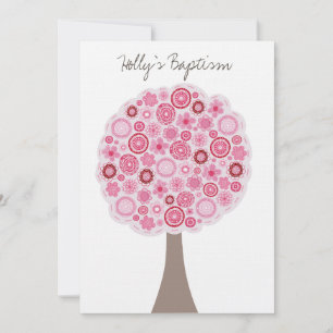Invitación Baptismo Christening White Pink Cherry Blossom Tre