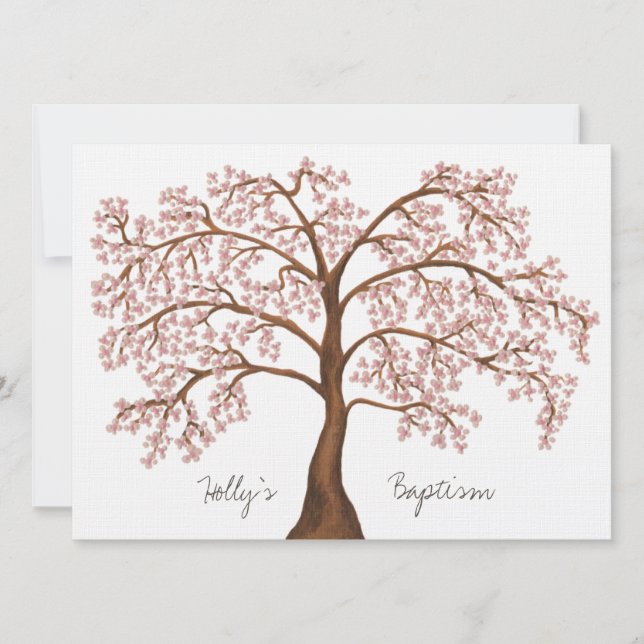 Invitación Baptismo Christening White Pink Cherry Blossom Tre (Anverso)