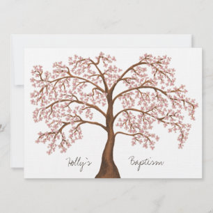 Invitación Baptismo Christening White Pink Cherry Blossom Tre