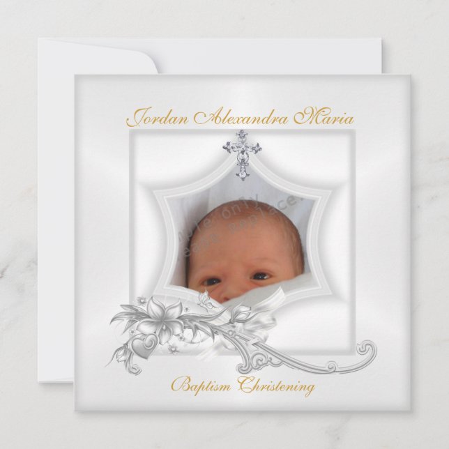 Invitación Baptismo Christening White Star Photo Cross Bow (Anverso)