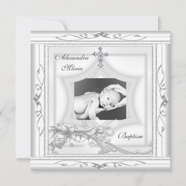Invitación Baptismo Christening White Star Photo Cross Bow (Anverso)