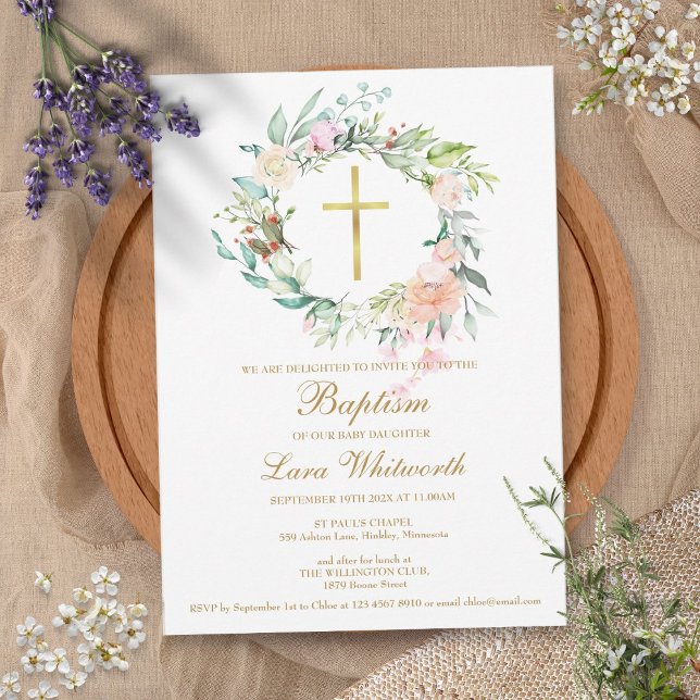 Invitación Baptismo Christening Woodland Floral Garland (Baptism Christening Woodland Floral Garland Invitation)