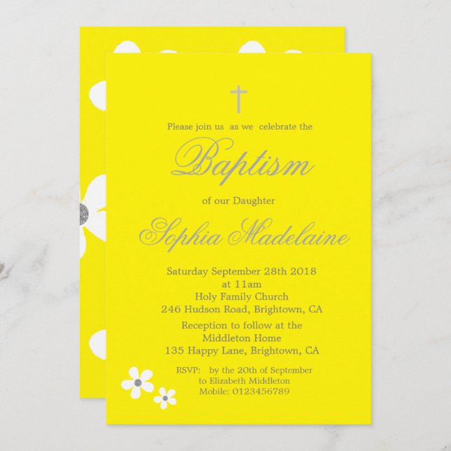 Invitación Baptismo Christening Yellow Daisy Silver Chica (Anverso / Reverso)