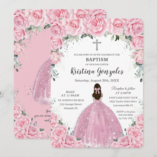 Invitación Baptismo Christine Chica Cruz de Plata Floral Rosa (Anverso / Reverso)