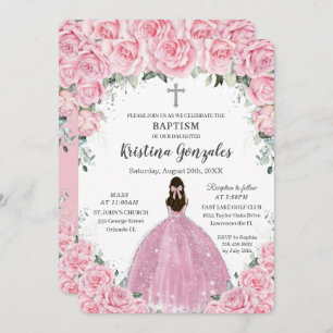 Invitación Baptismo Christine Chica Cruz de Plata Floral Rosa